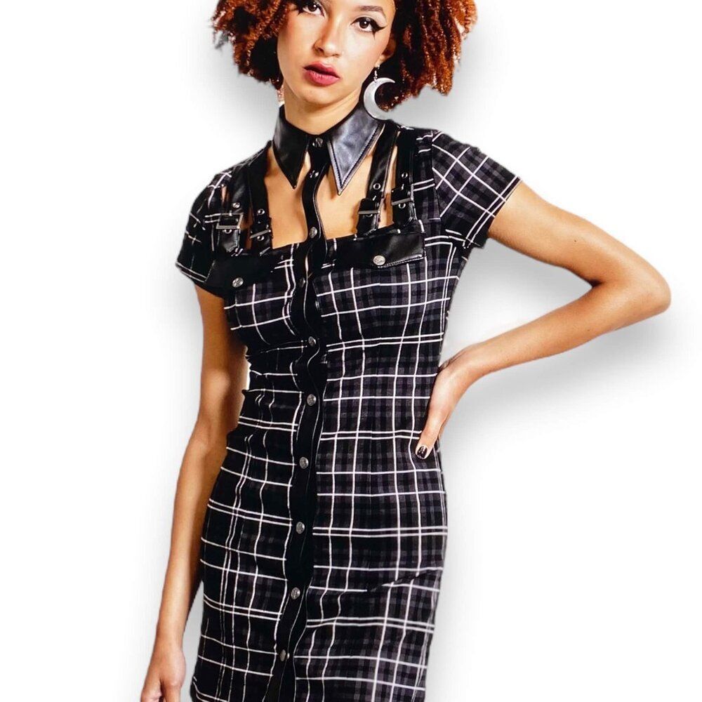 All Attitude Cut Out Leather Straps Button Down Mini Dress Killstar - NEW